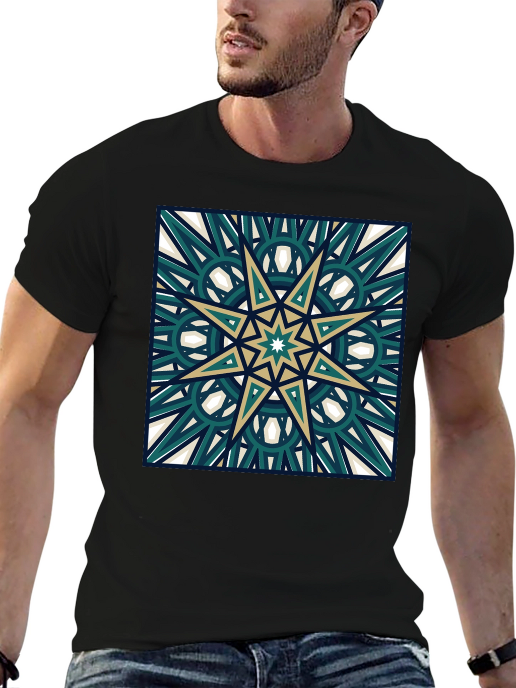 Geometric Star Design Black T-Shirt
