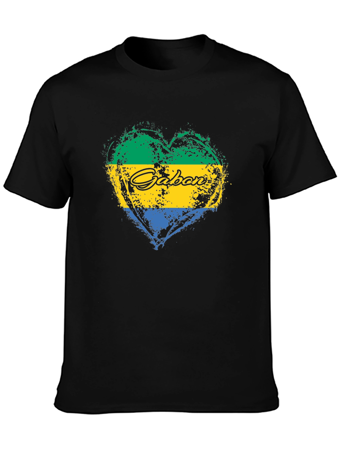 Gabon Flag Heart T-Shirt Black Crew Neck