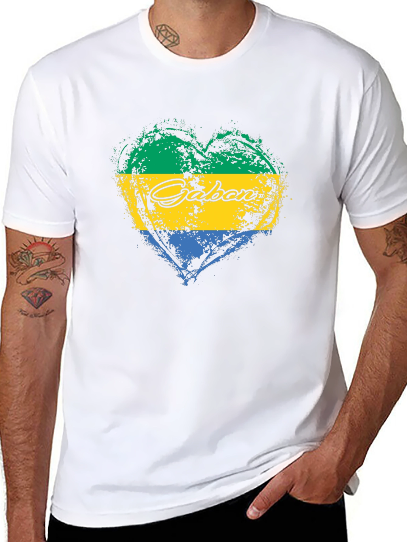 Gabon Flag Heart T-Shirt Black Crew Neck