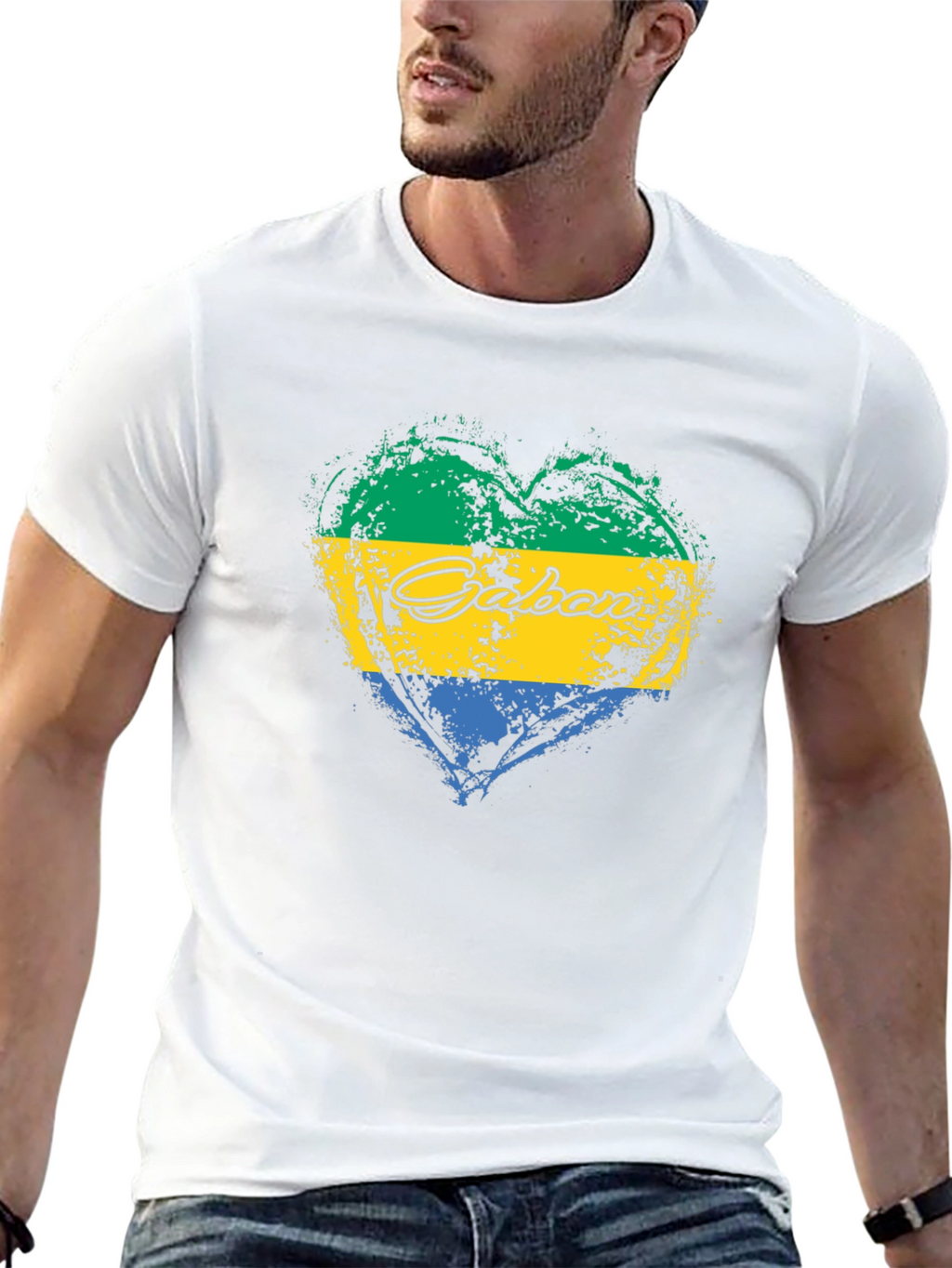 Gabon Flag Heart T-Shirt Black Crew Neck