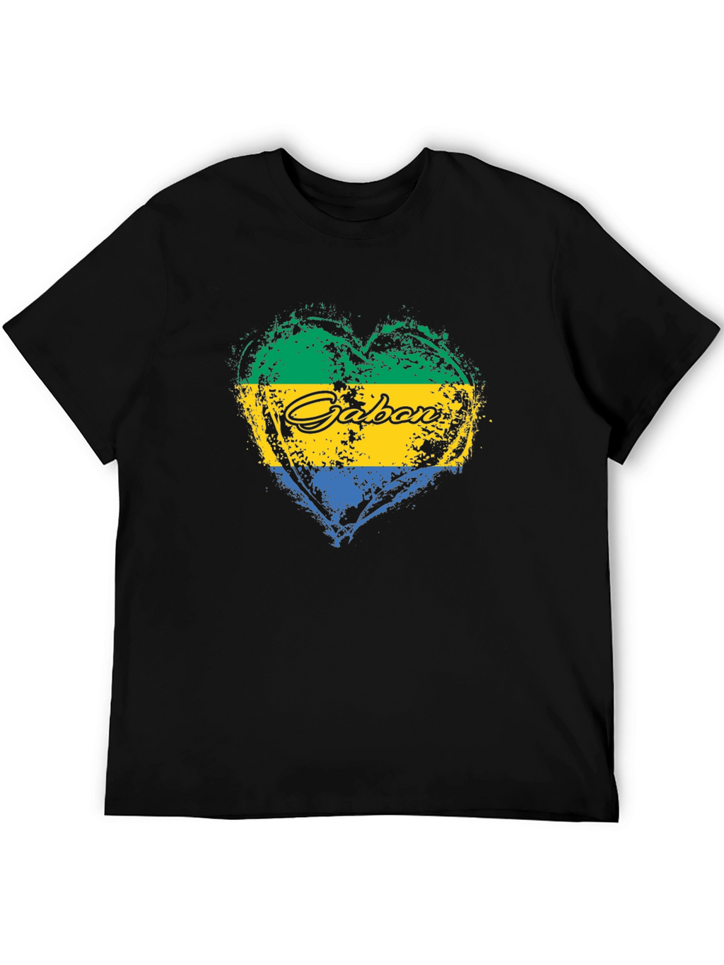 Gabon Flag Heart T-Shirt Black Crew Neck