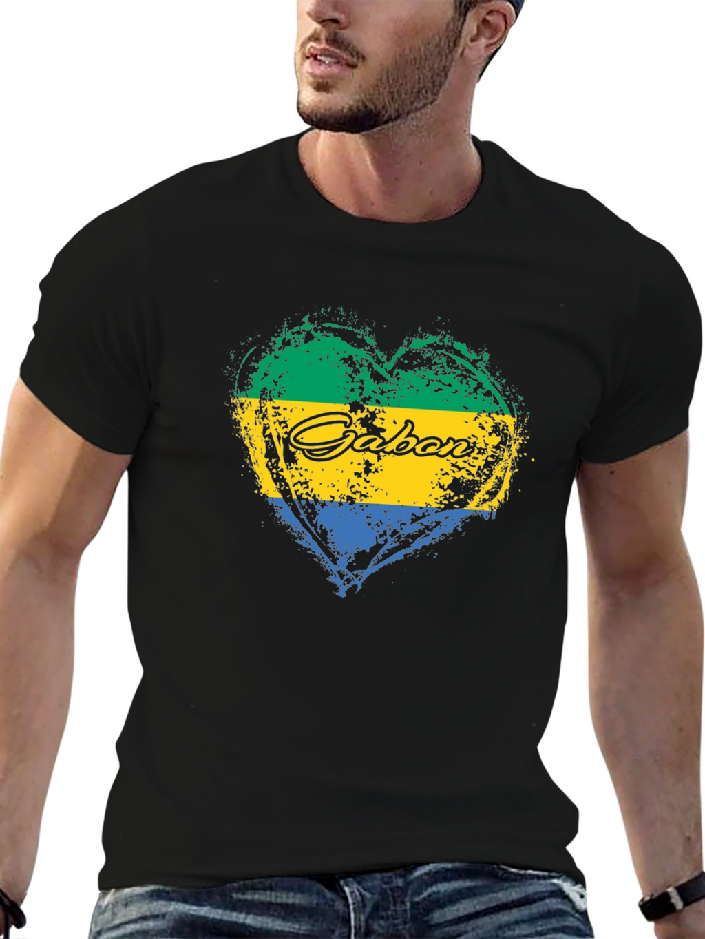 Gabon Flag Heart T-Shirt Black Crew Neck