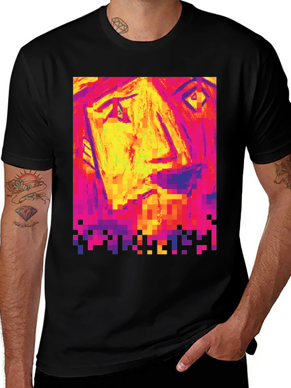 Pixelated Face Graphic Black T-Shirt