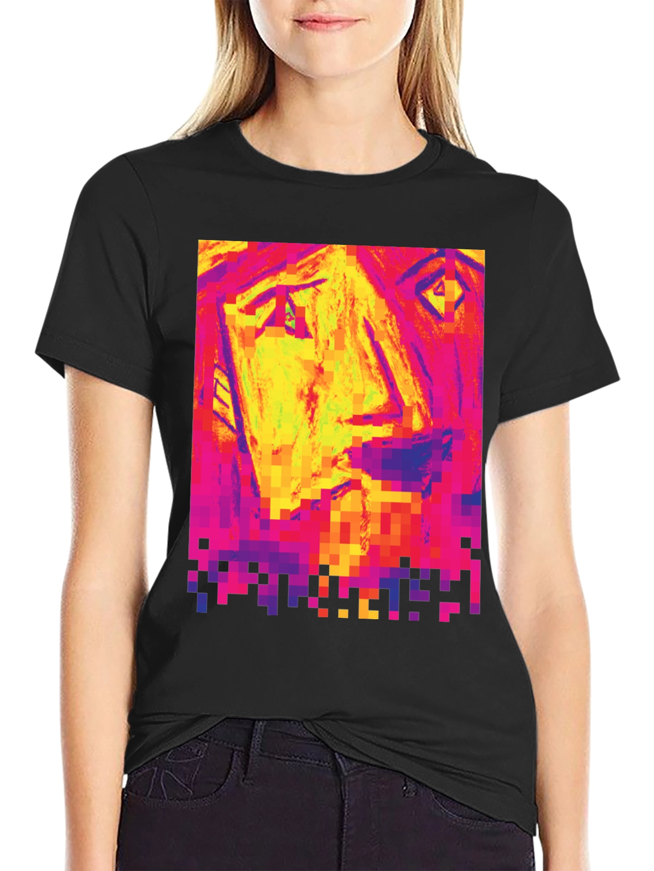 Pixelated Face Graphic Black T-Shirt