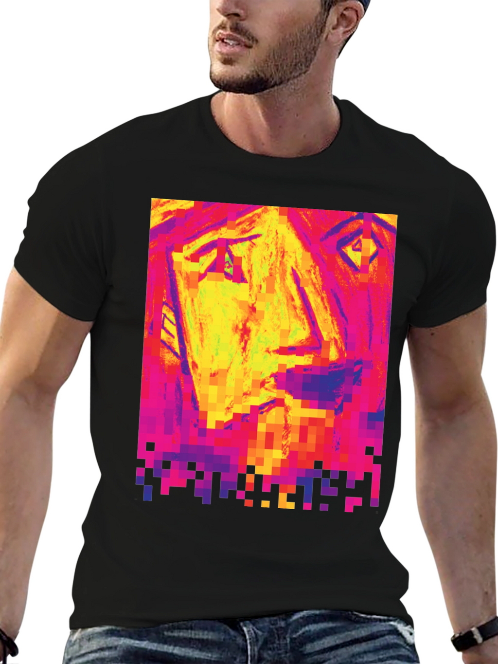 Pixelated Face Graphic Black T-Shirt