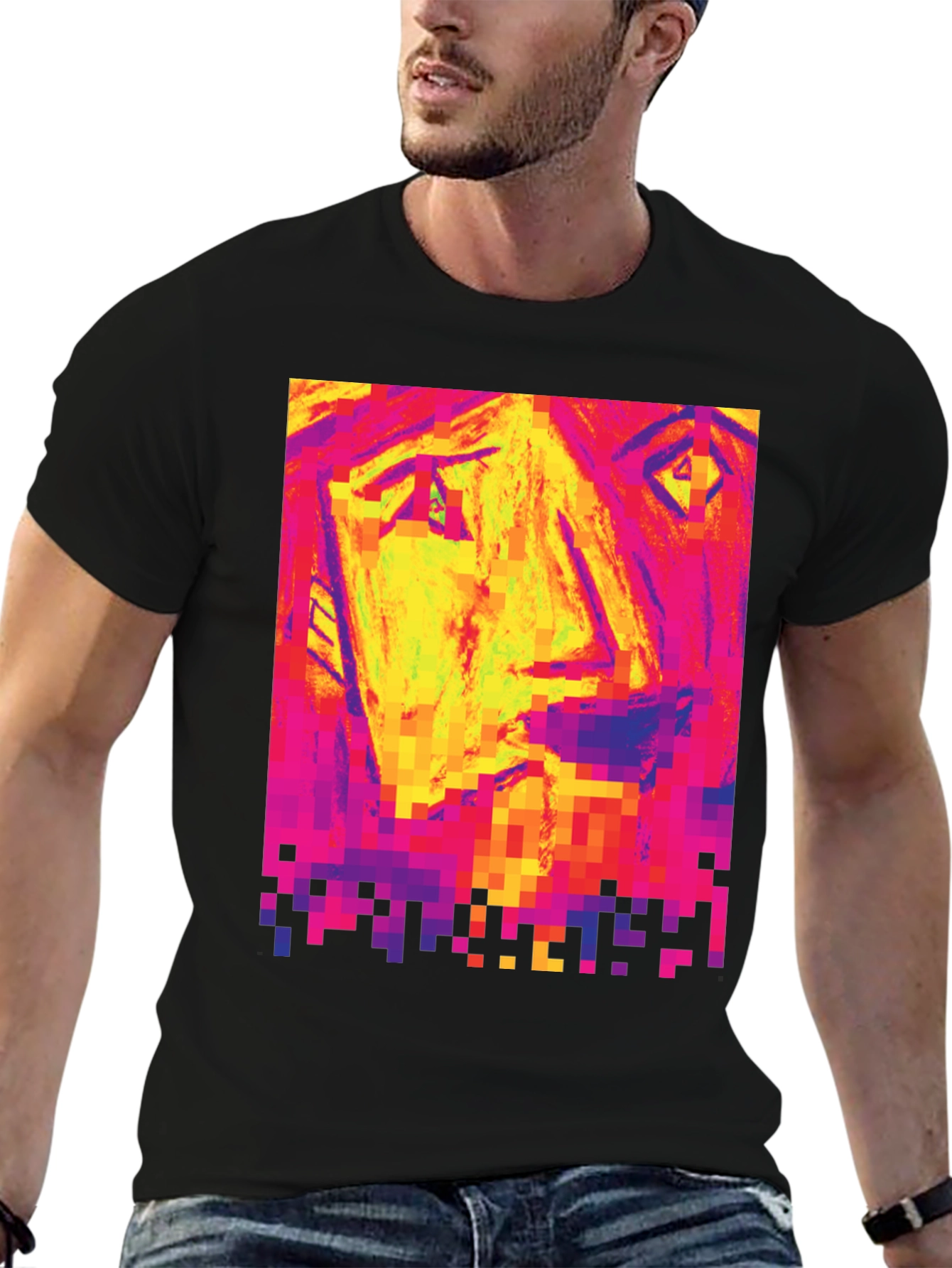 Pixelated Face Graphic Black T-Shirt