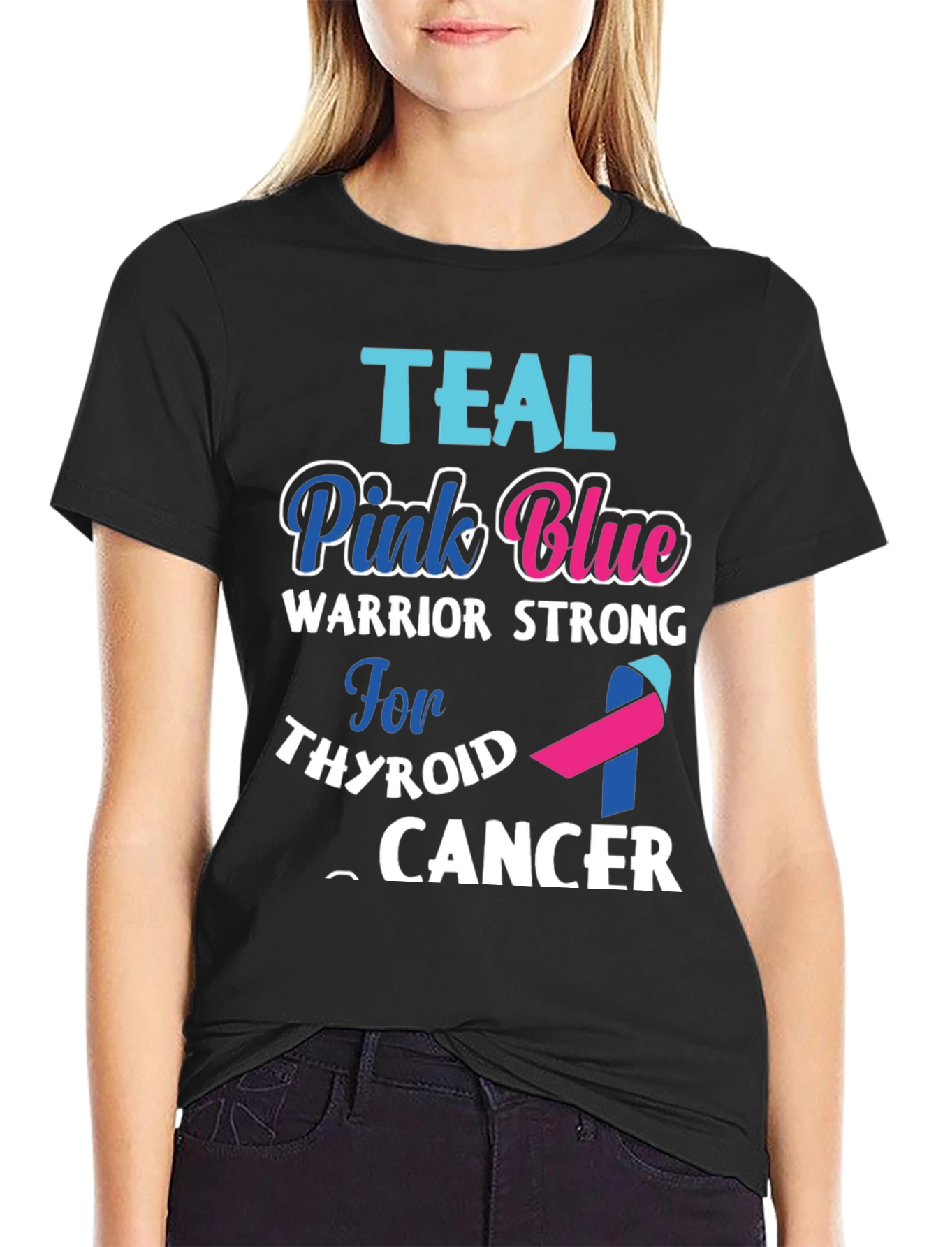 Teal Pink Blue Thyroid Cancer Warrior T-Shirt