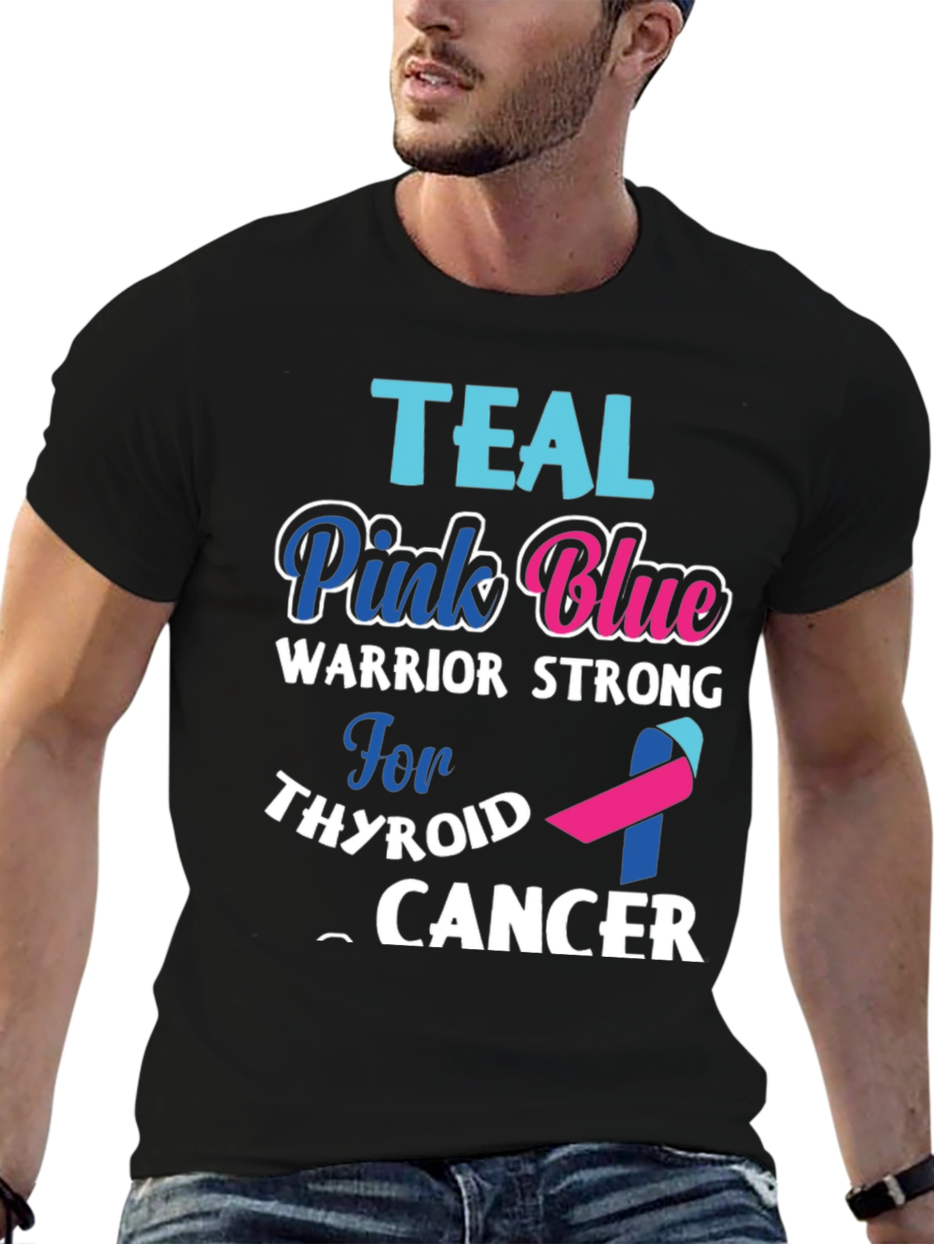 Teal Pink Blue Thyroid Cancer Warrior T-Shirt