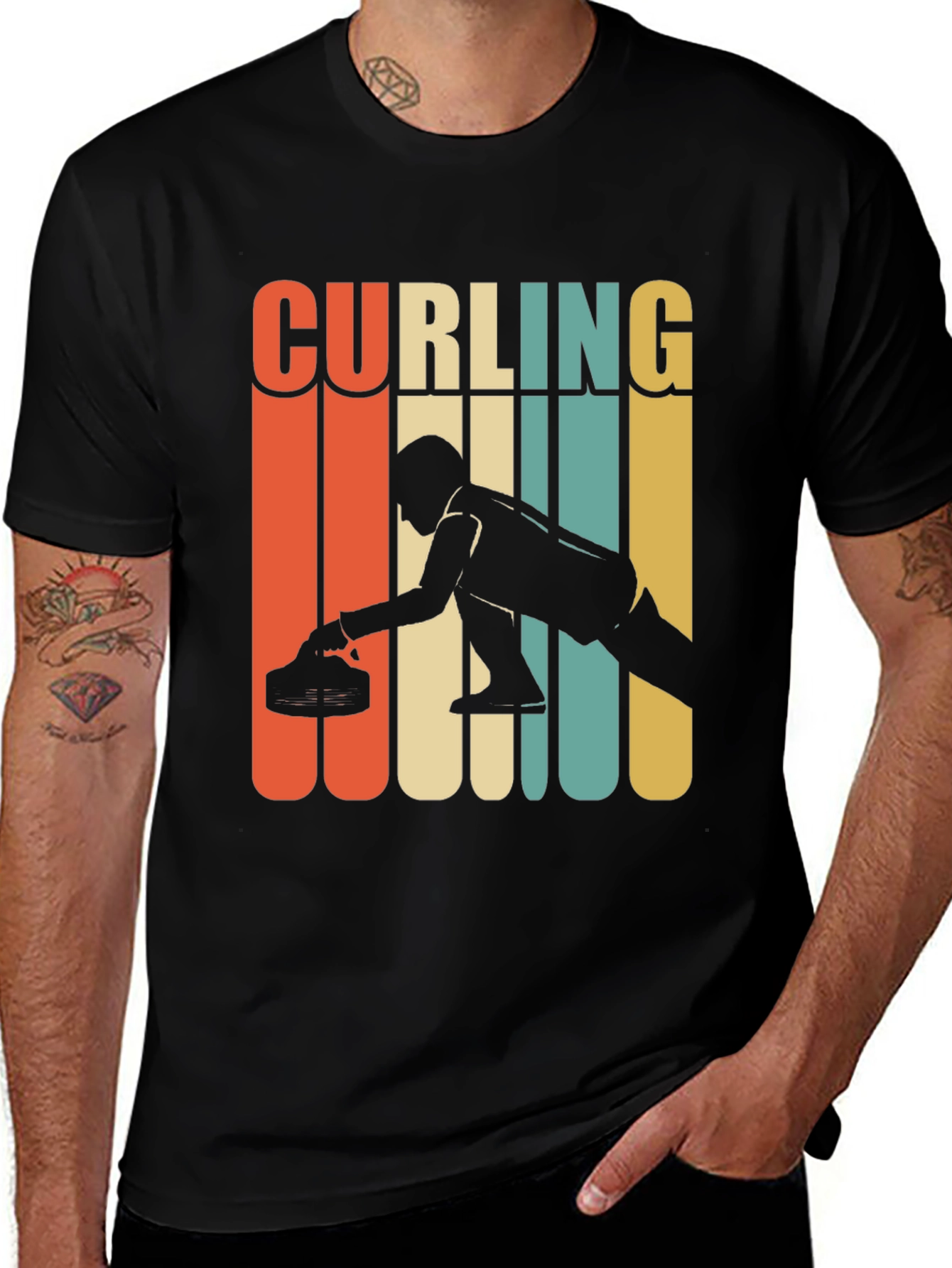 Curling Retro Style Graphic T-Shirt - Black