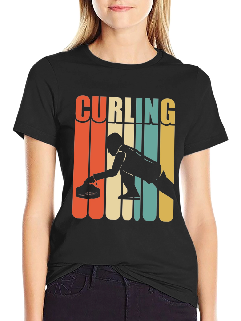 Curling Retro Style Graphic T-Shirt - Black