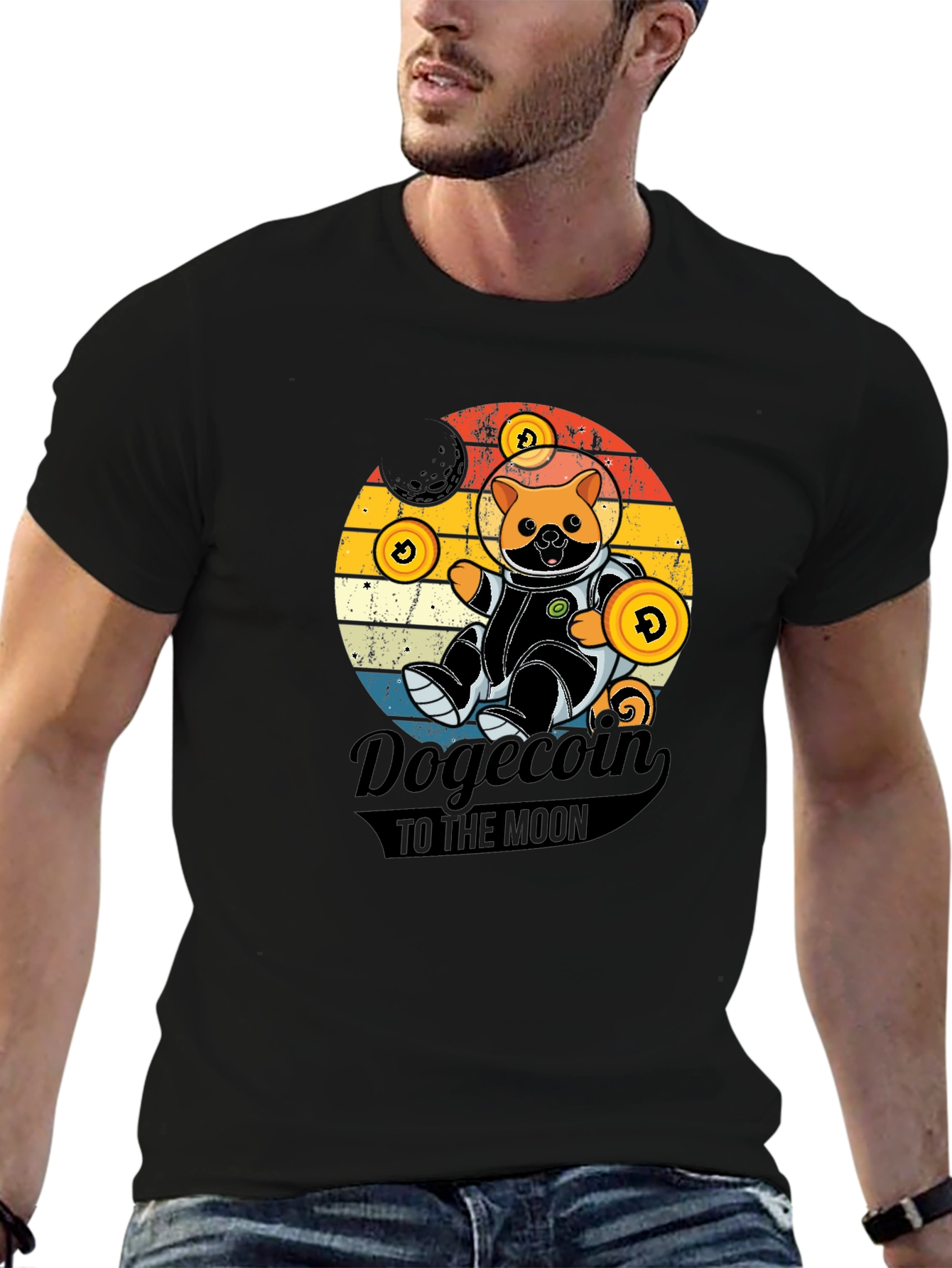 Dogecoin to the Moon Black Graphic Tee