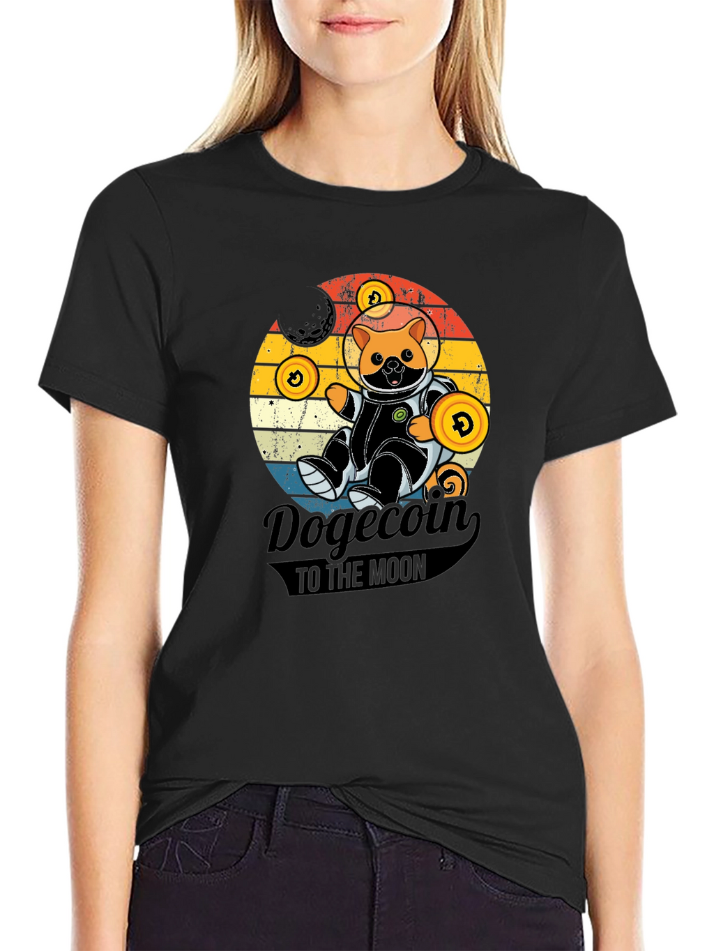 Dogecoin to the Moon Black Graphic Tee