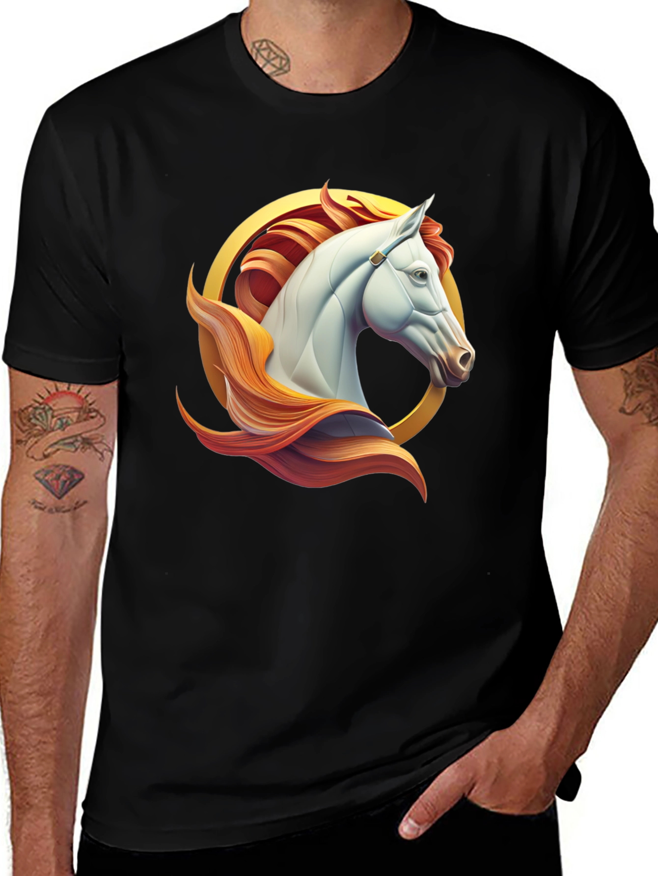 Elegant Horse Graphic Tee - Black Cotton Shirt
