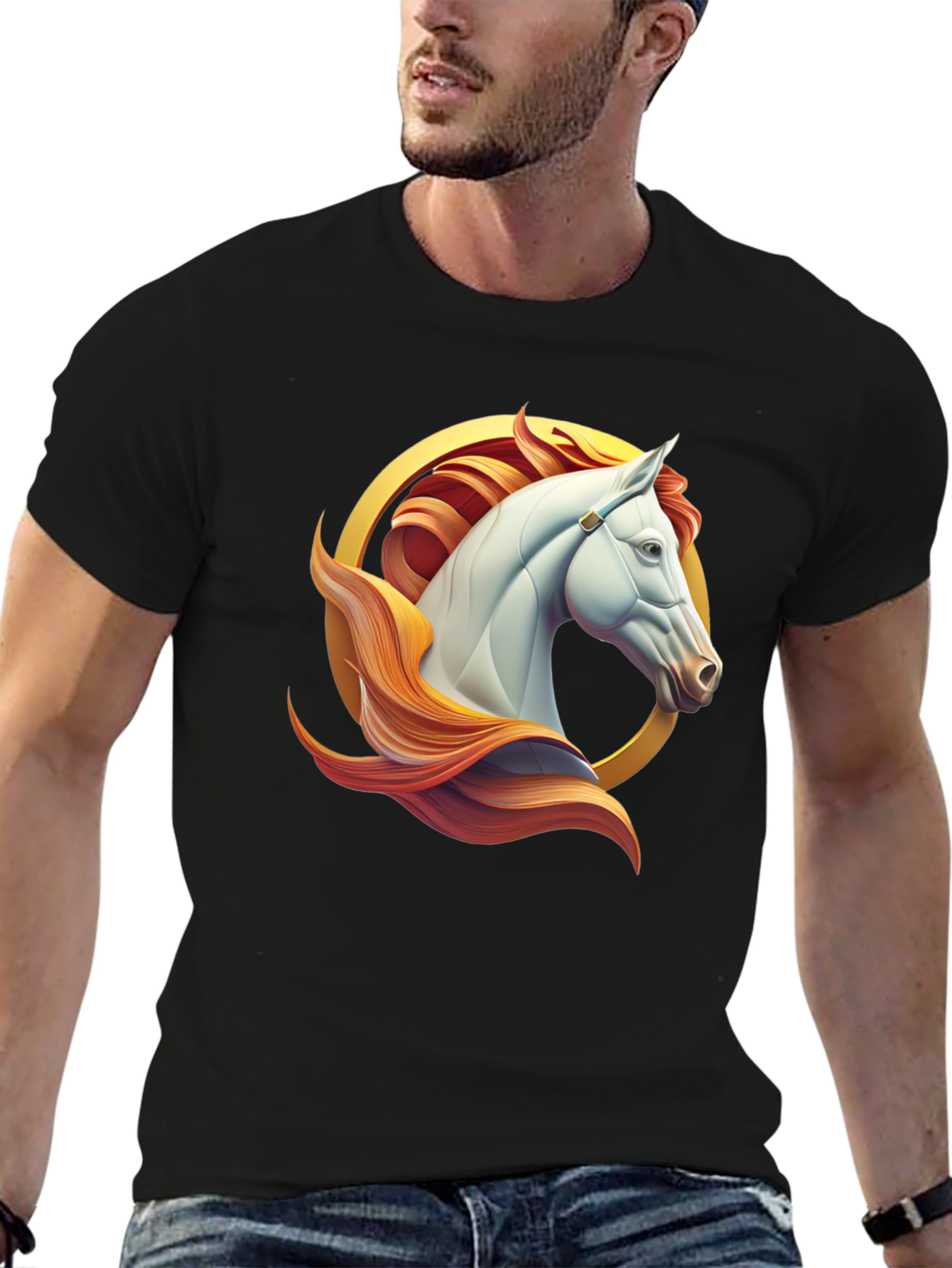 Elegant Horse Graphic Tee - Black Cotton Shirt