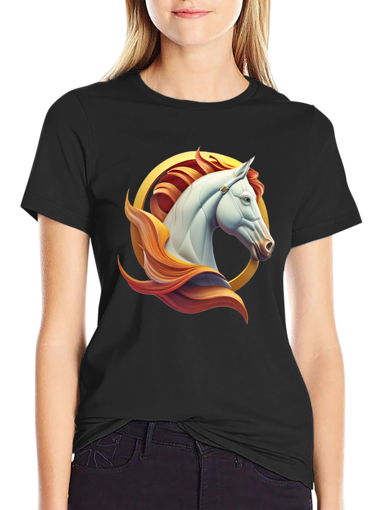 Elegant Horse Graphic Tee - Black Cotton Shirt