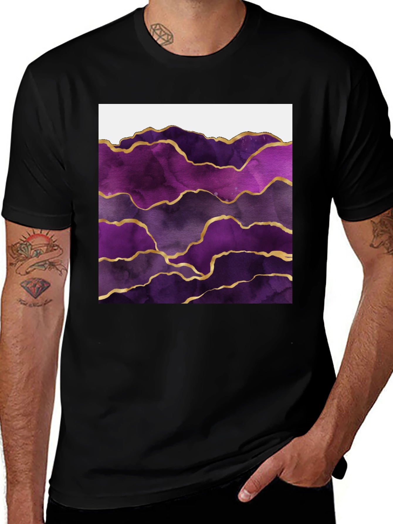 Purple Agate Gold Line Mens Black T-Shirt