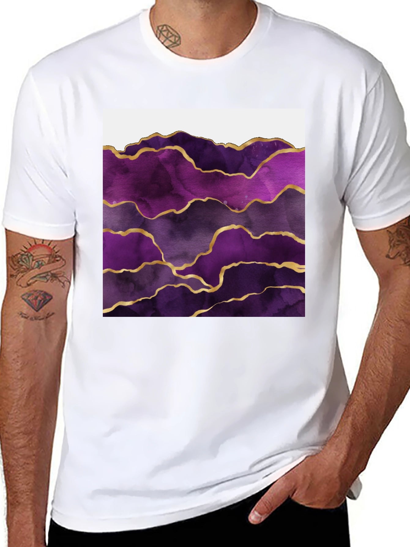 Purple Agate Gold Line Mens Black T-Shirt