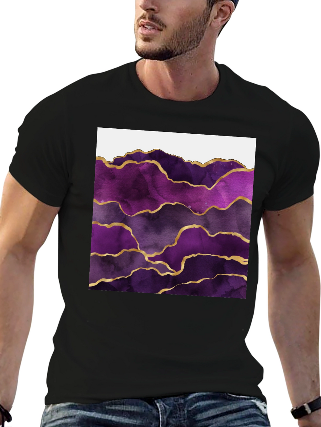 Purple Agate Gold Line Mens Black T-Shirt