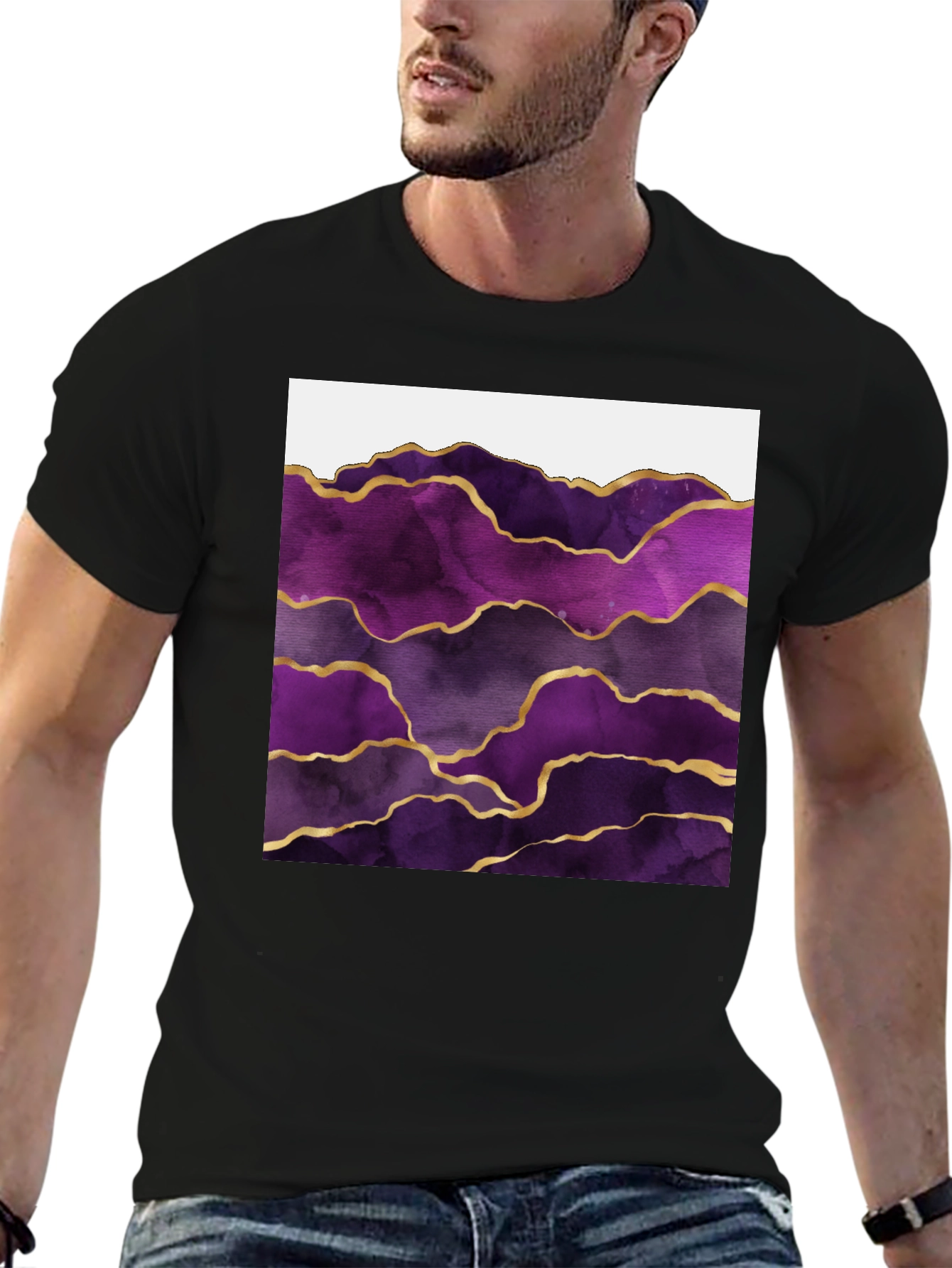 Purple Agate Gold Line Mens Black T-Shirt