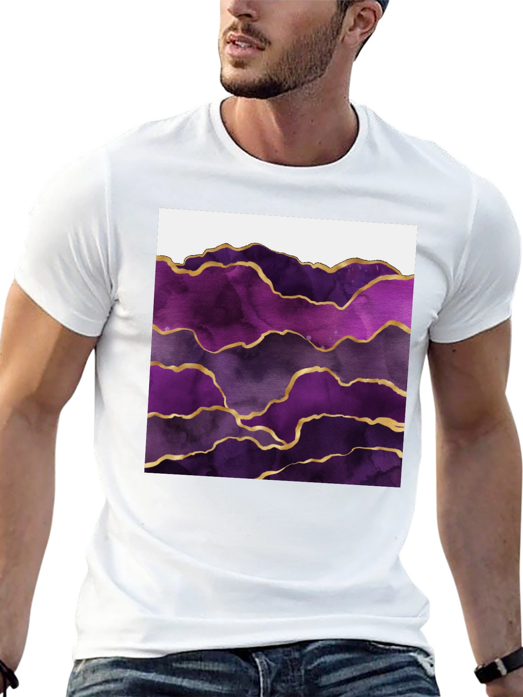 Purple Agate Gold Line Mens Black T-Shirt