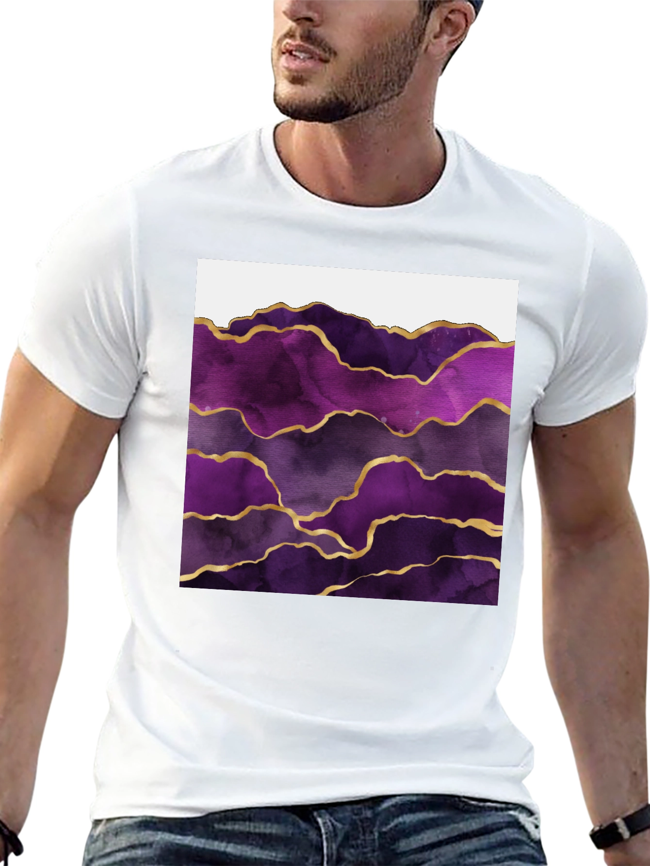 Purple Agate Gold Line Mens Black T-Shirt