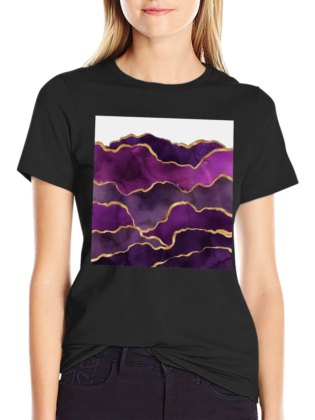 Purple Agate Gold Line Mens Black T-Shirt