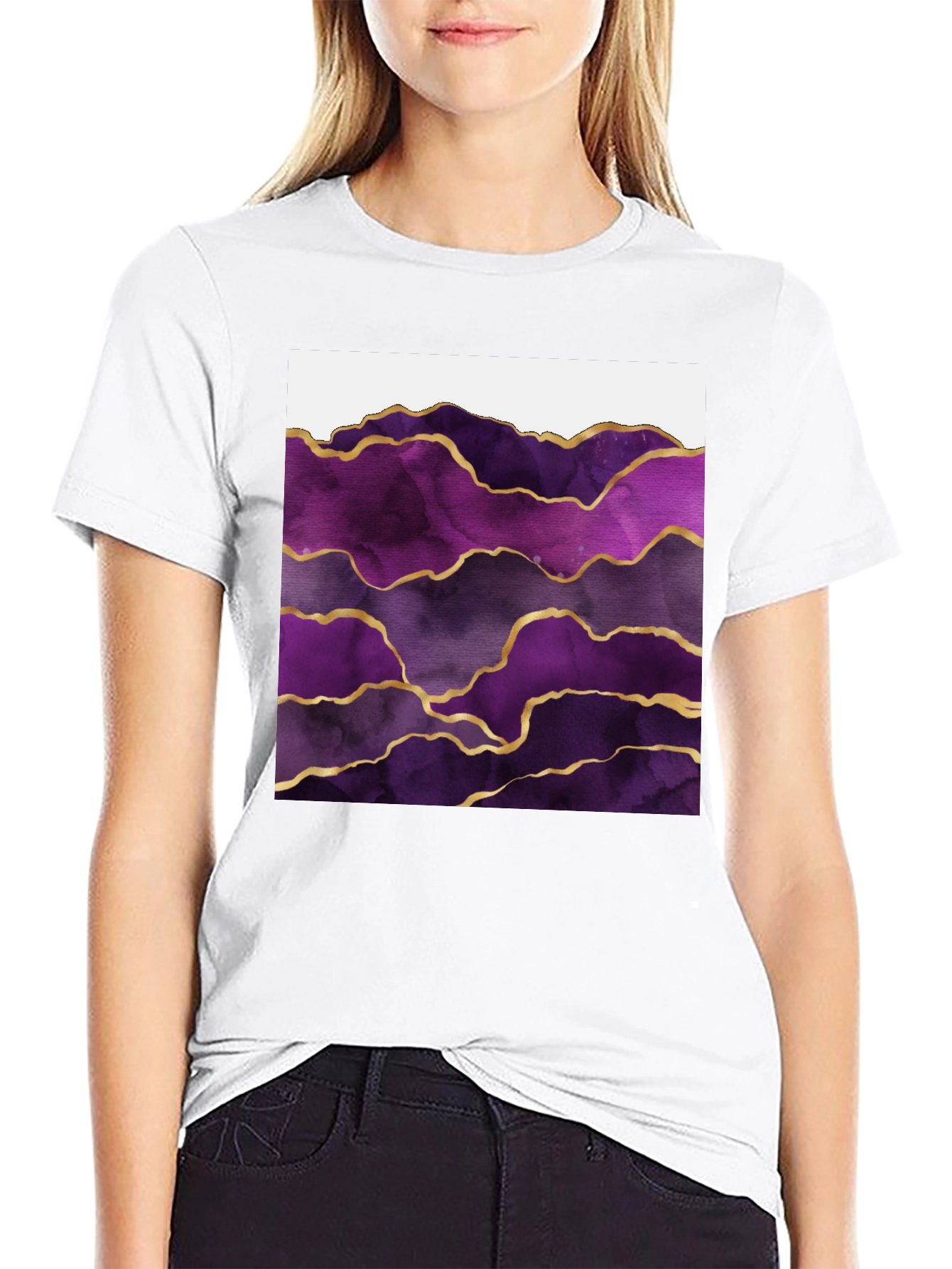Purple Agate Gold Line Mens Black T-Shirt