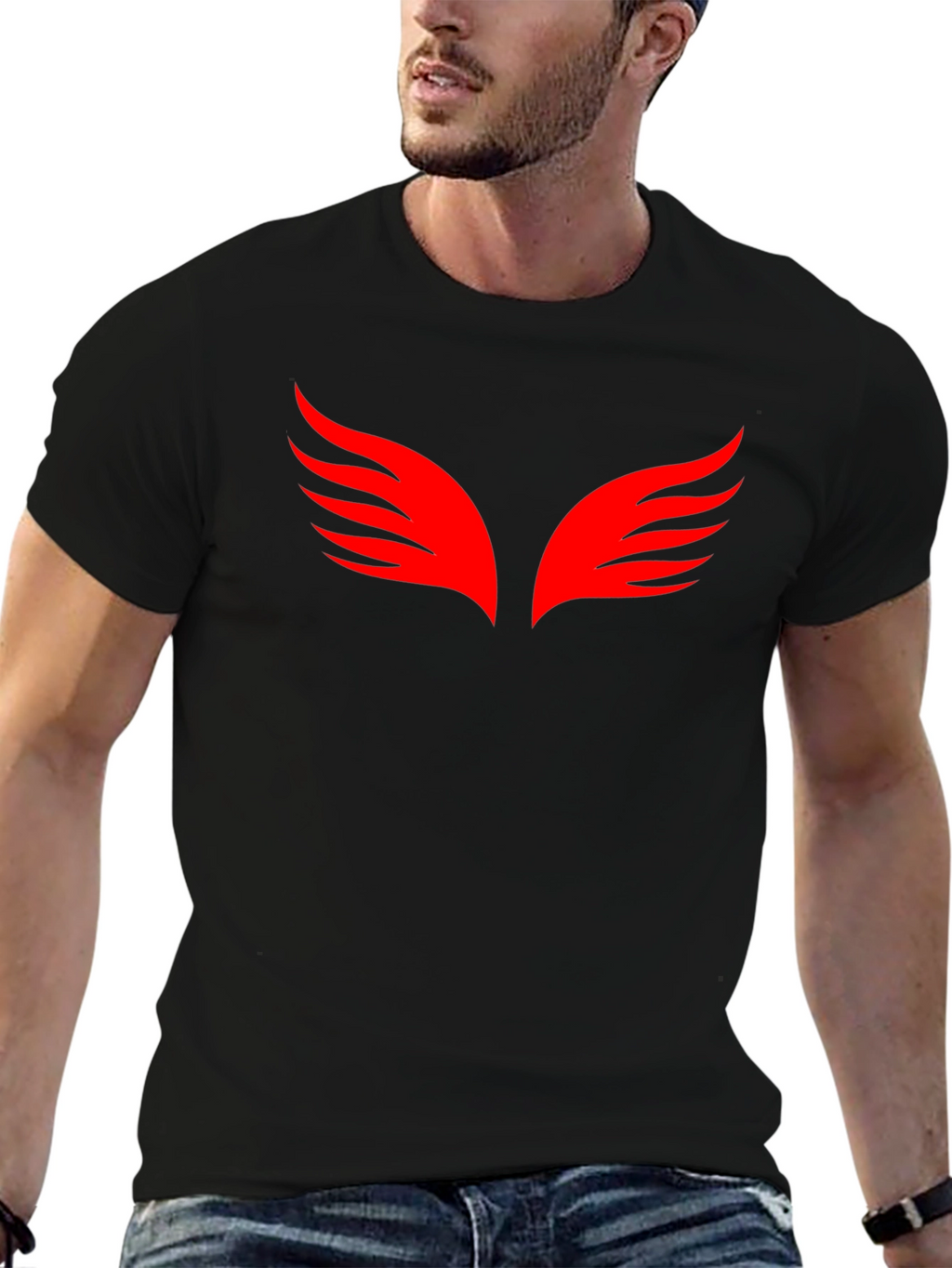 Black T-Shirt with Red Wings Graphic
