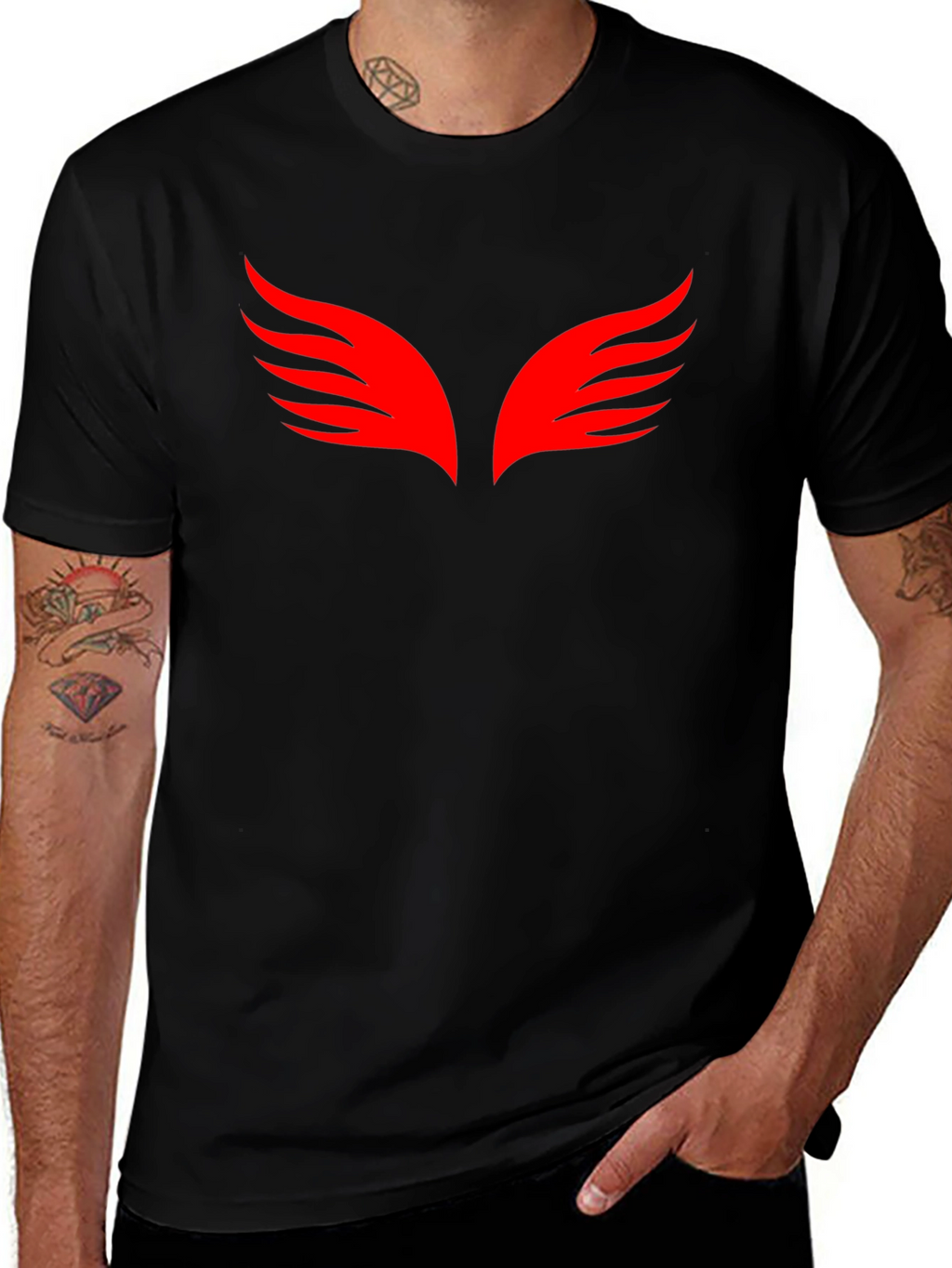 Black T-Shirt with Red Wings Graphic