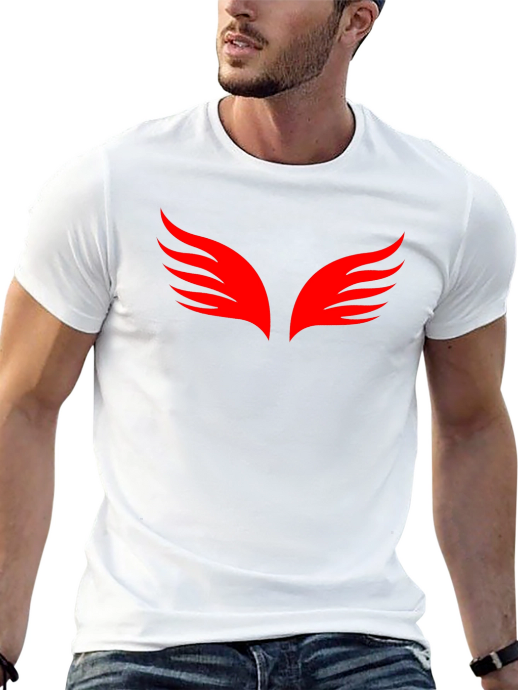 Black T-Shirt with Red Wings Graphic