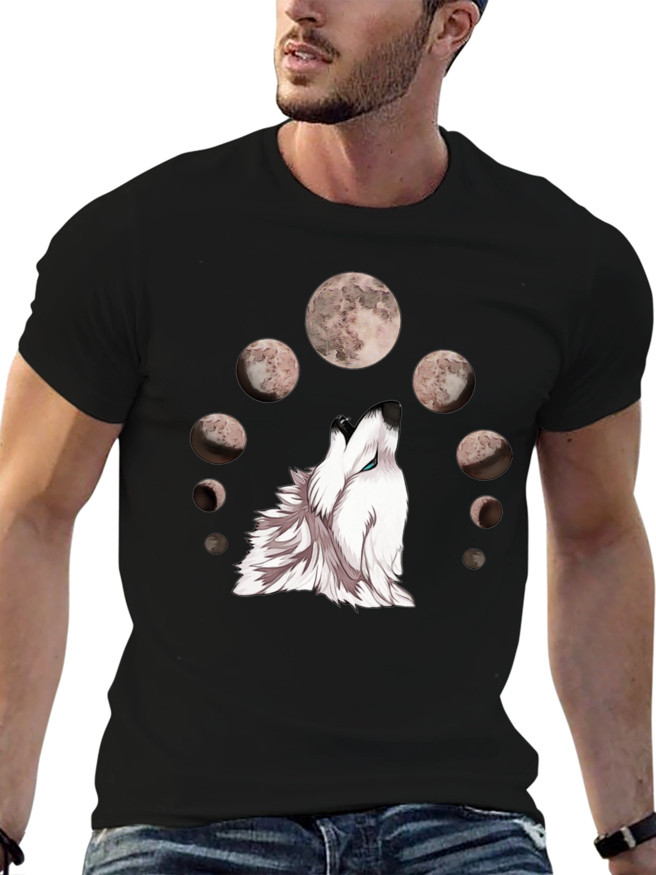 Wolf Moon Phases Graphic Tee - Stylish Black T-Shirt