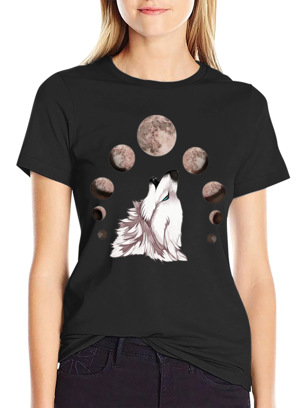 Wolf Moon Phases Graphic Tee - Stylish Black T-Shirt