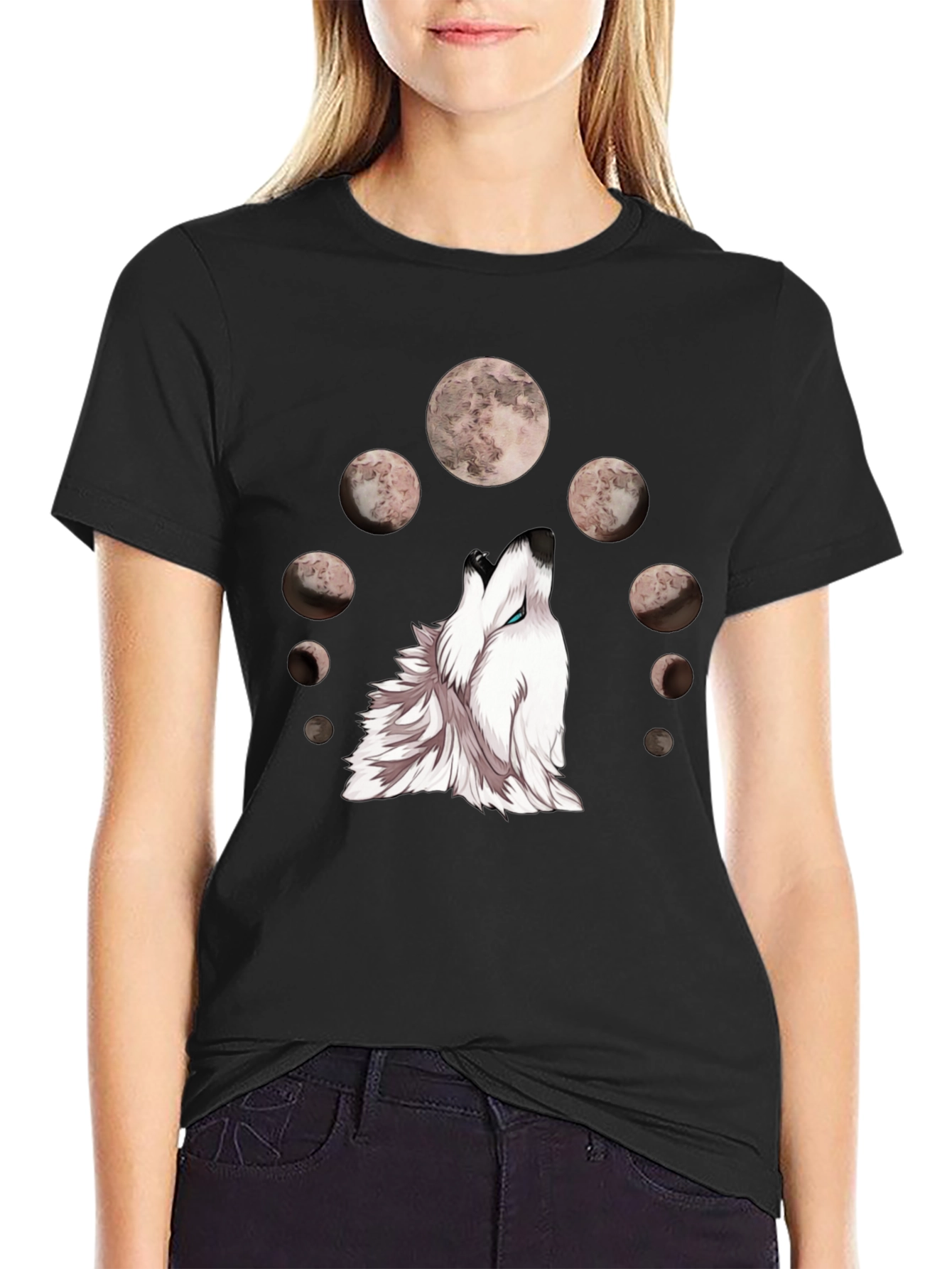 Wolf Moon Phases Graphic Tee - Stylish Black T-Shirt