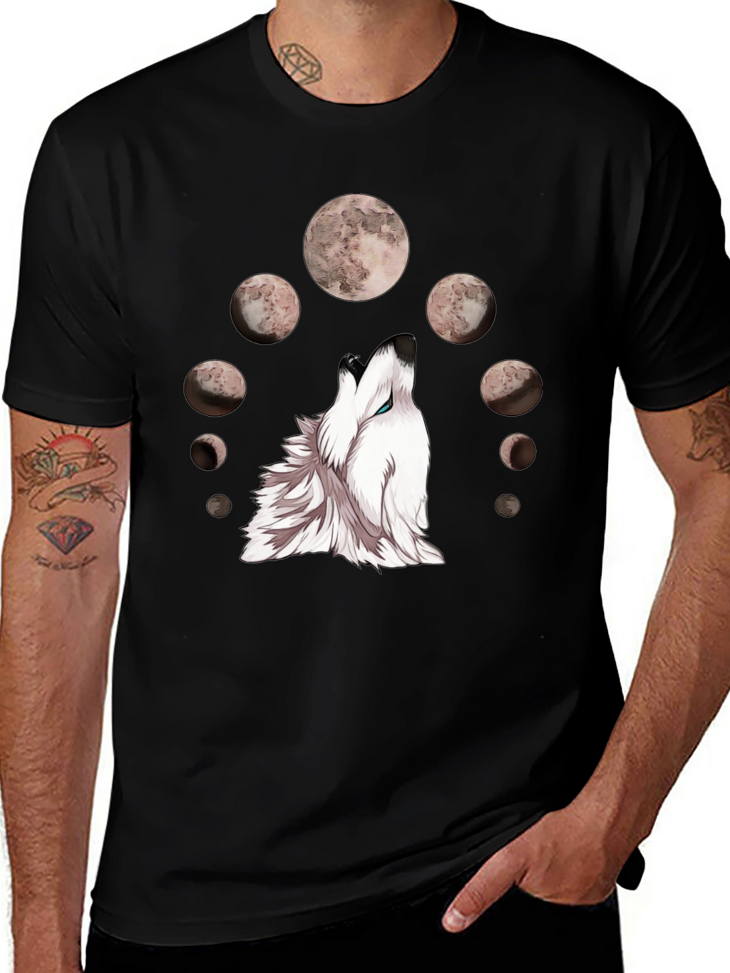Wolf Moon Phases Graphic Tee - Stylish Black T-Shirt