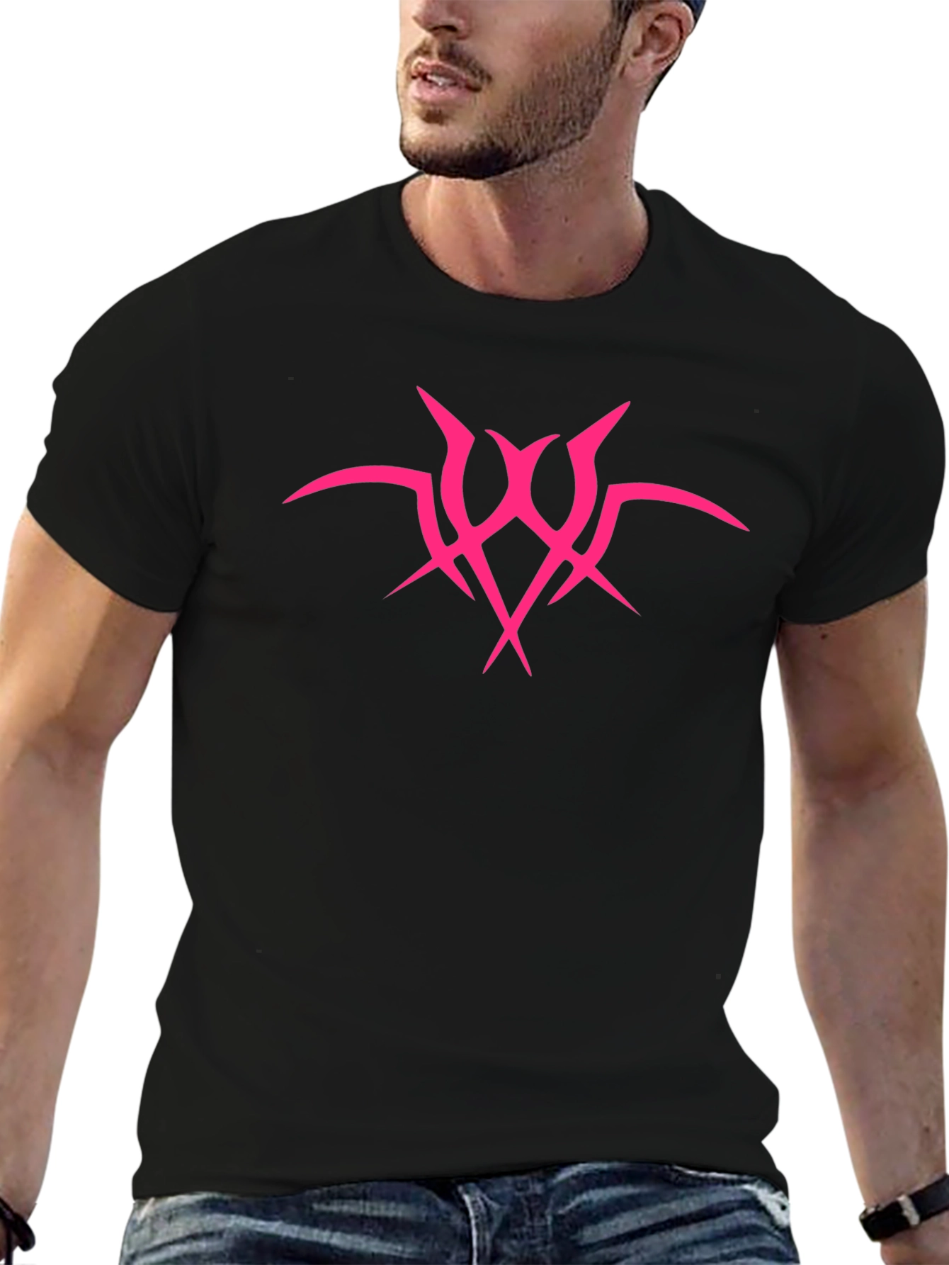 Edgy Graphic Tee: Hot Pink Tribal Design - Mens Black T-Shirt