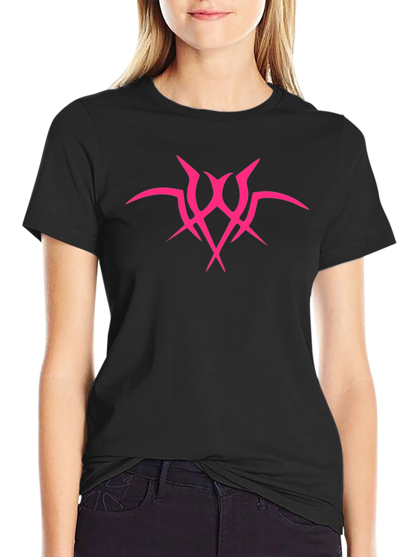 Edgy Graphic Tee: Hot Pink Tribal Design - Mens Black T-Shirt