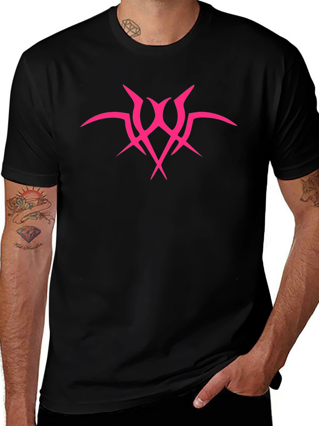 Edgy Graphic Tee: Hot Pink Tribal Design - Mens Black T-Shirt