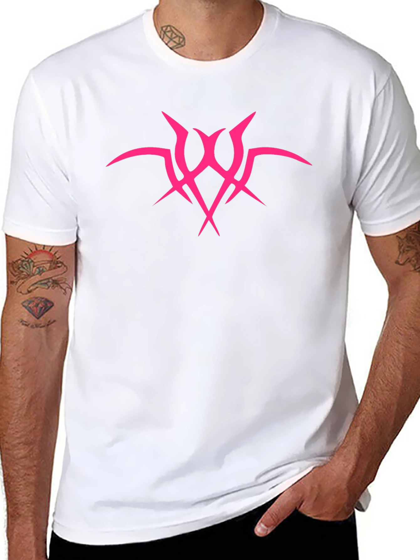 Edgy Graphic Tee: Hot Pink Tribal Design - Mens Black T-Shirt