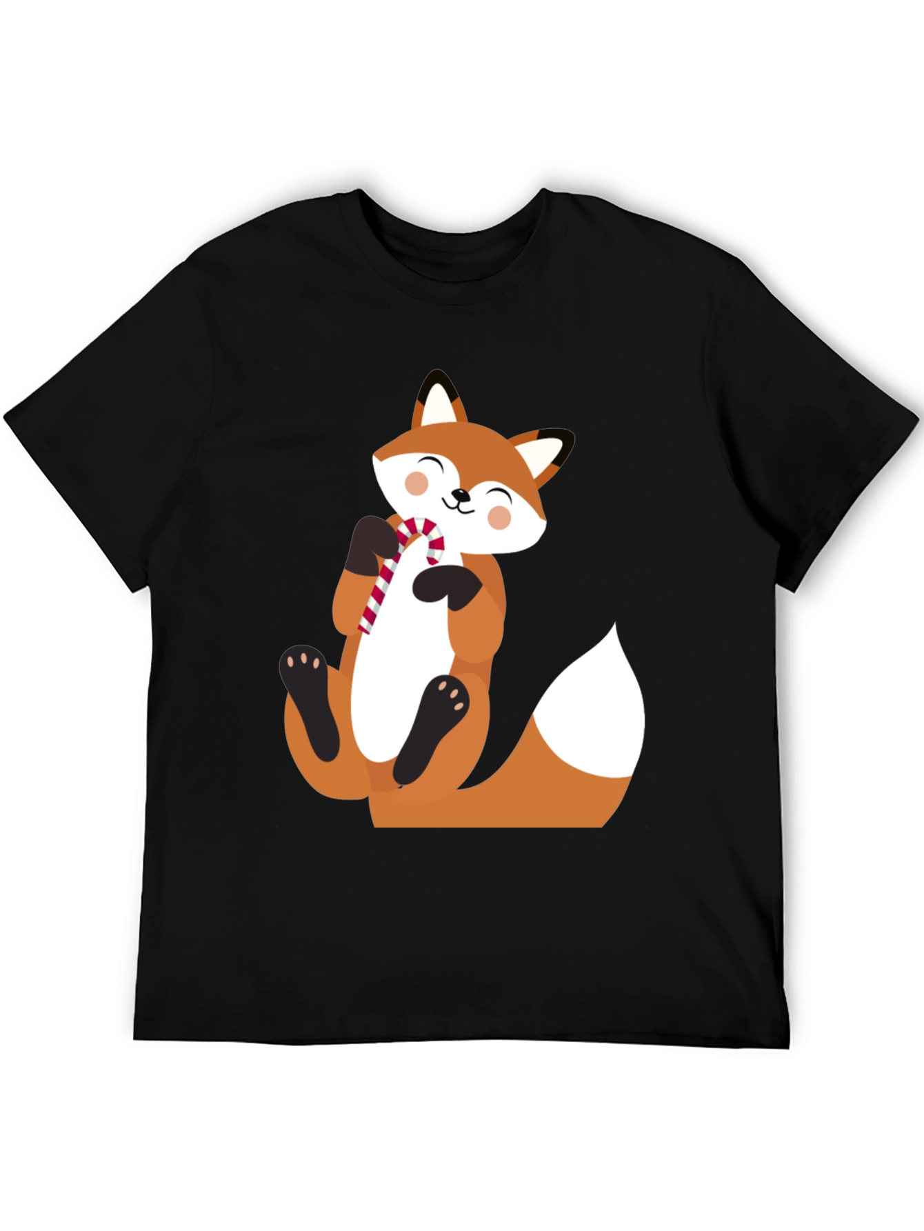 Cute Fox with Candy Cane Black T-Shirt