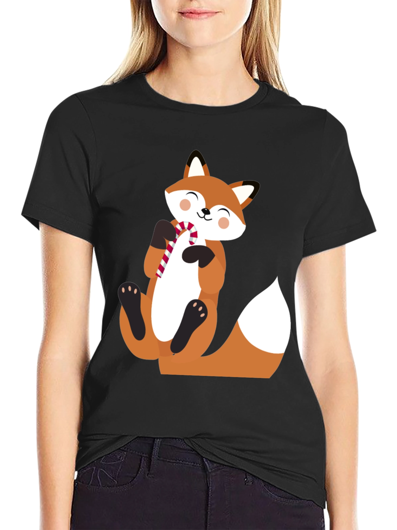 Cute Fox with Candy Cane Black T-Shirt