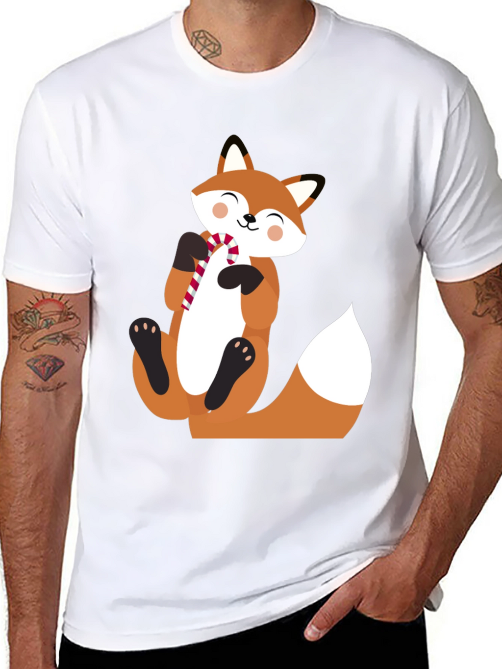 Cute Fox with Candy Cane Black T-Shirt