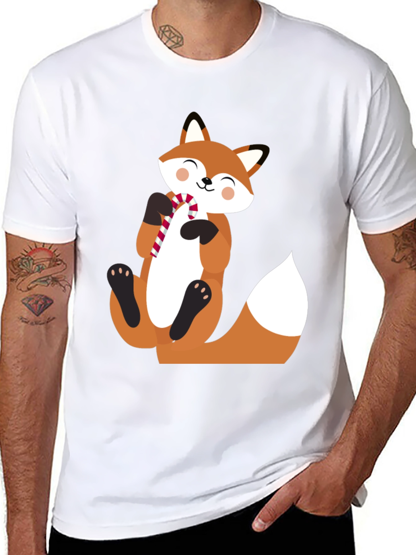 Cute Fox with Candy Cane Black T-Shirt