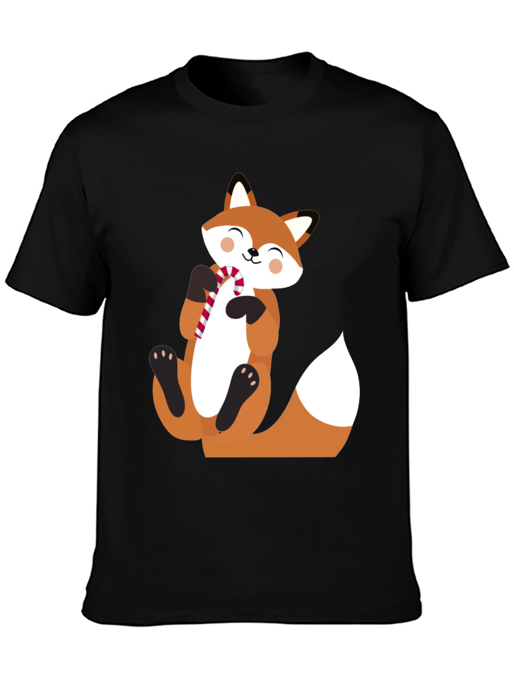Cute Fox with Candy Cane Black T-Shirt