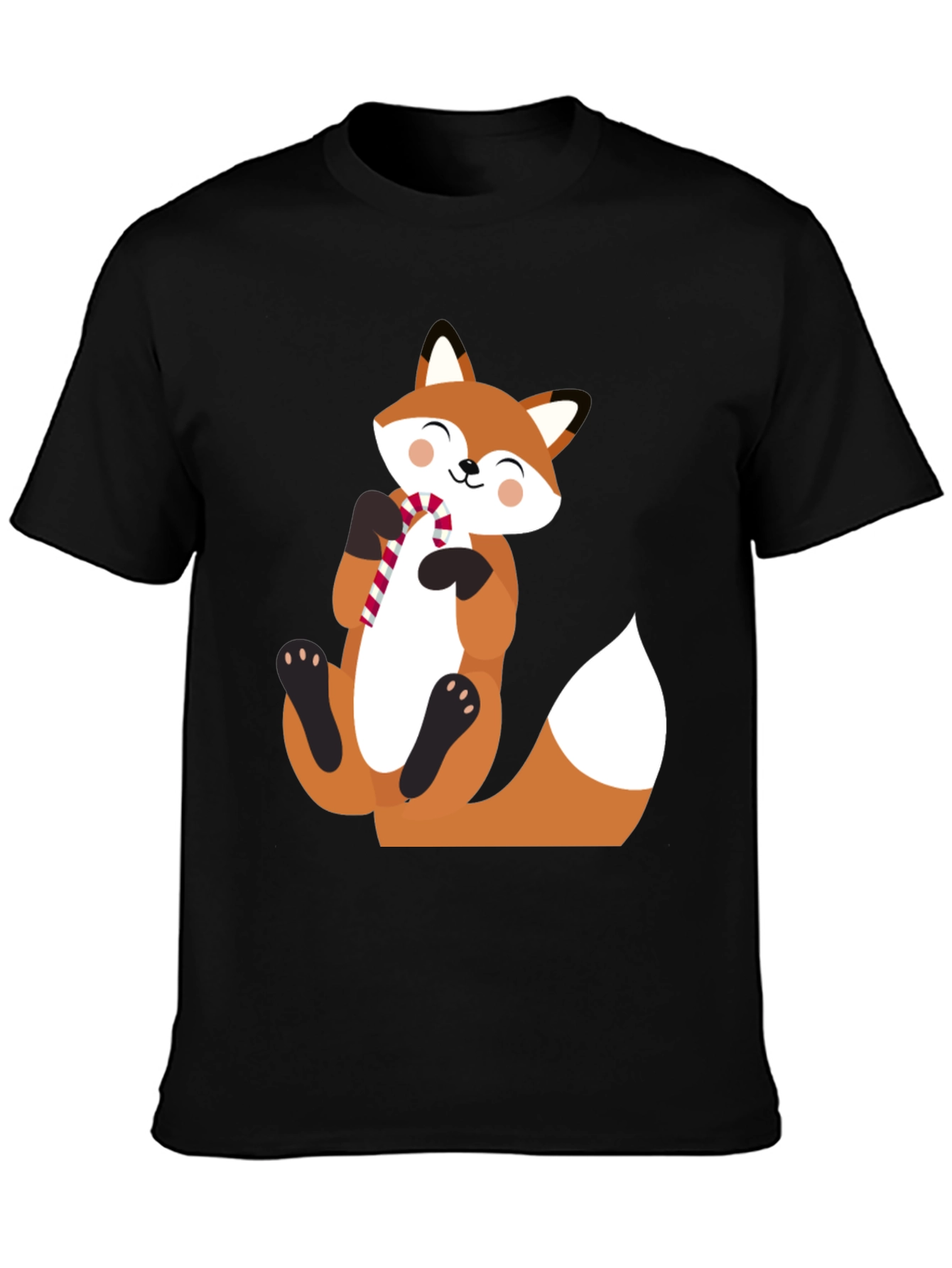 Cute Fox with Candy Cane Black T-Shirt