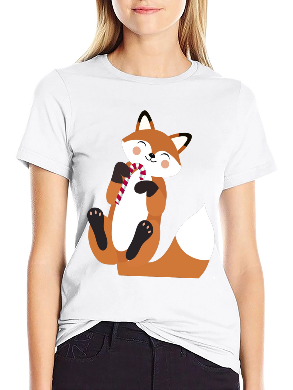Cute Fox with Candy Cane Black T-Shirt