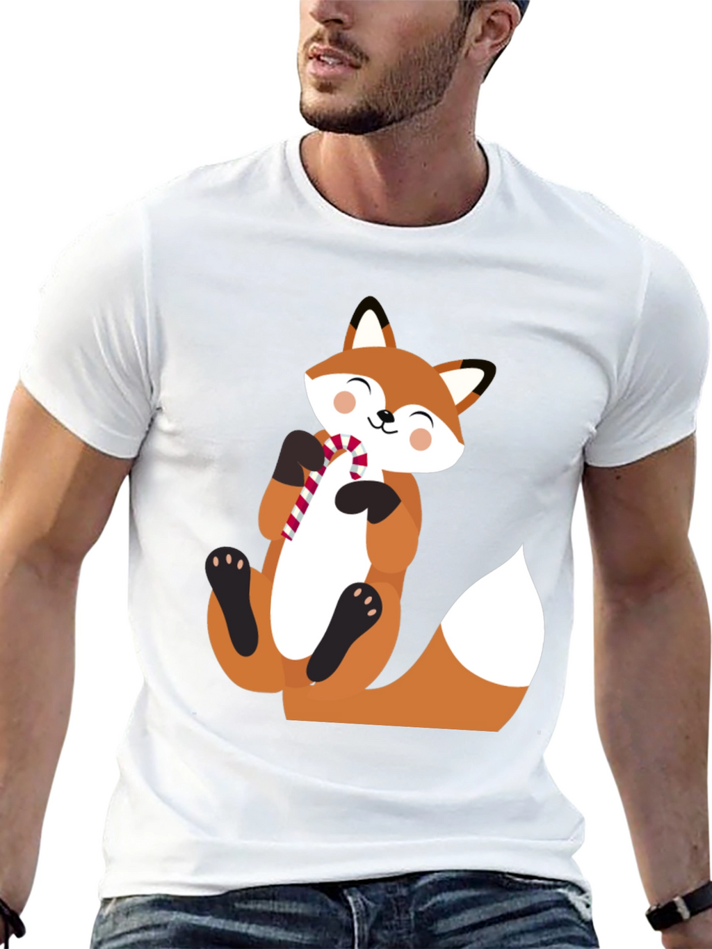 Cute Fox with Candy Cane Black T-Shirt