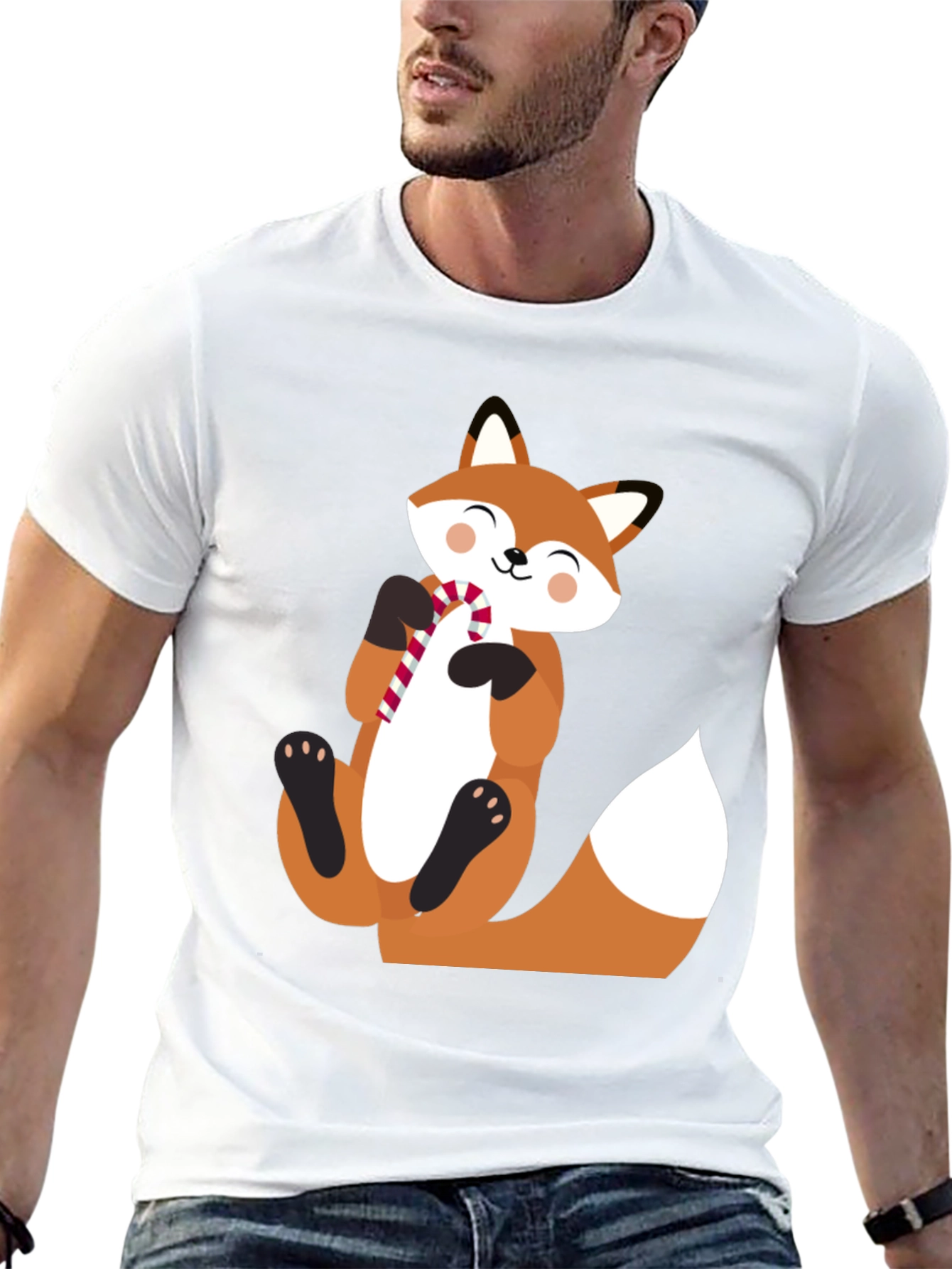 Cute Fox with Candy Cane Black T-Shirt