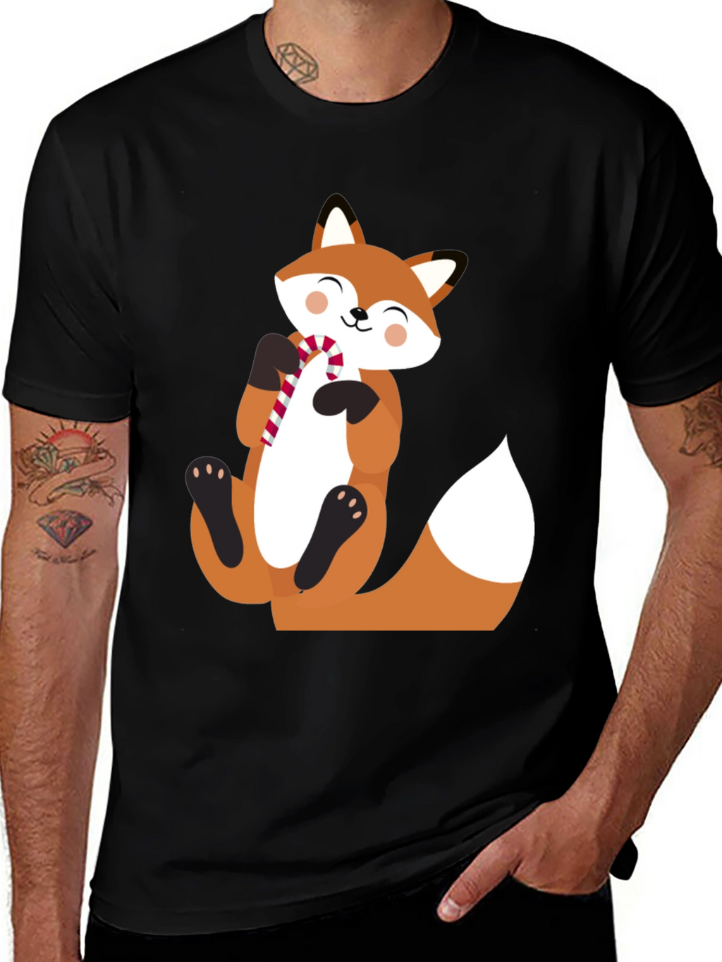 Cute Fox with Candy Cane Black T-Shirt
