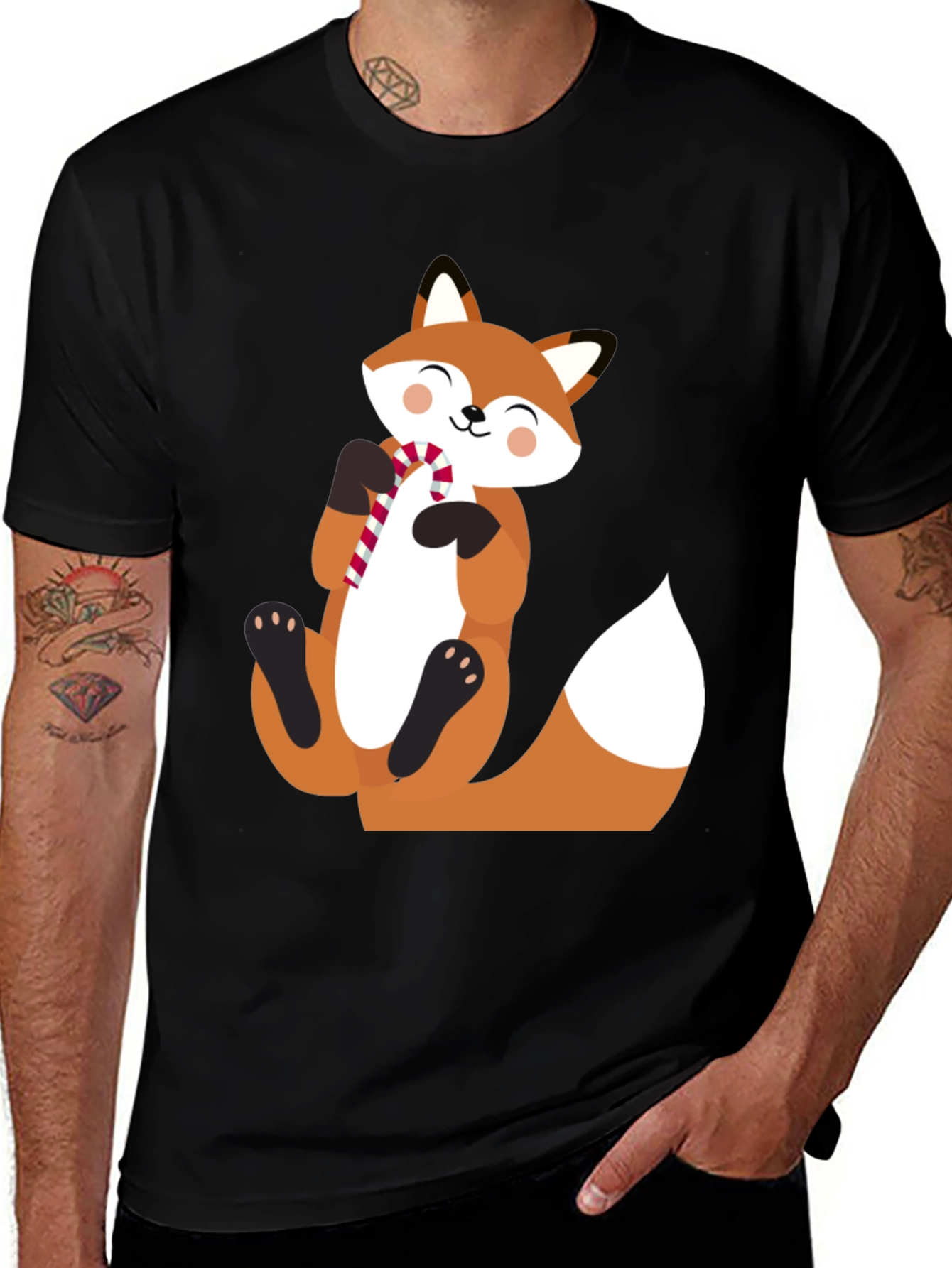 Cute Fox with Candy Cane Black T-Shirt