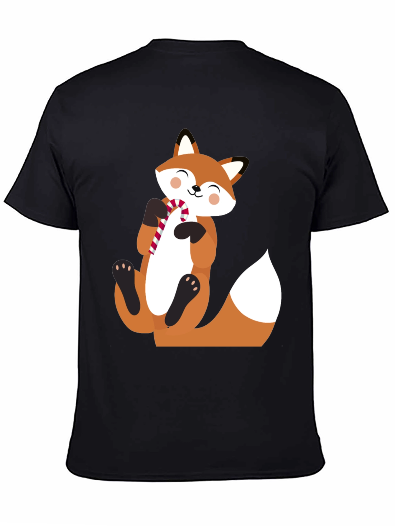 Cute Fox with Candy Cane Black T-Shirt